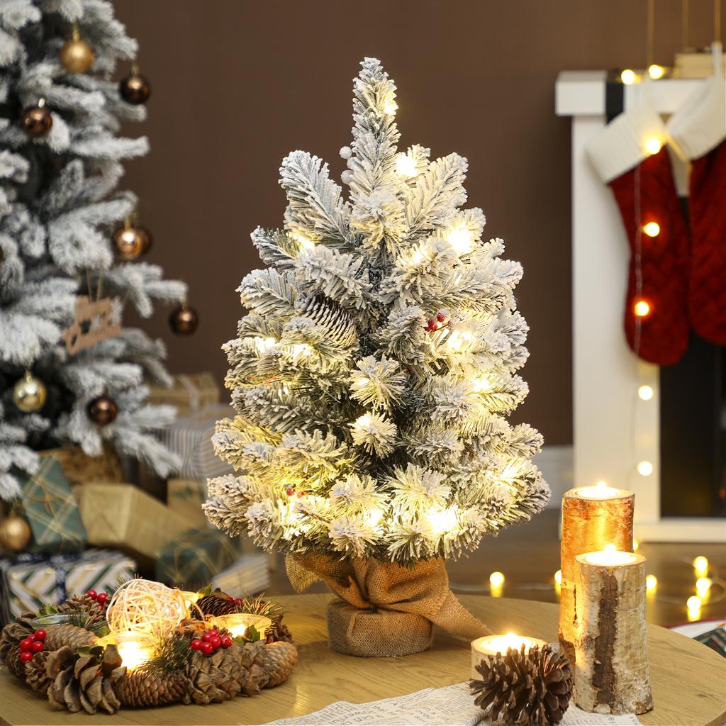 60cm Artificial Mini Christmas Tree with 35 LED Lights, 72 Dense Branches with Snow Ornaments and Green Burlap Base
