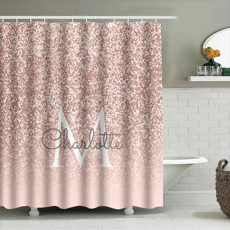 Name Letter Monogram Shower Curtain For Bathroom Decor Pink Glitter Sparkle Design With White Font Initials Customi