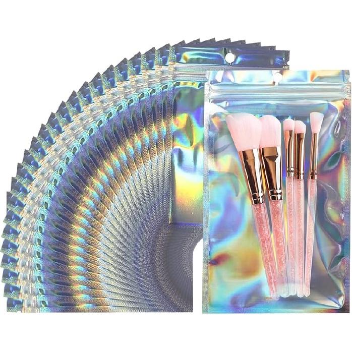 100 KUSŮ Holografické obalové sáčky sáčky se zipem pro malé podnikání, Znovuuzavíratelné potravinové sáčky odolné proti zápachu Fóliové úložné sáčky s průhledným okénkem, Tepelně