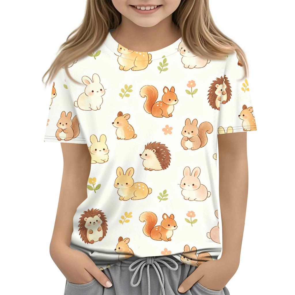Kids Animal Print Crew Neck Short Sleeve T Shirt Casual Loose Fit Top Soft Comfortable Fabric Suitable for Everyday Wear