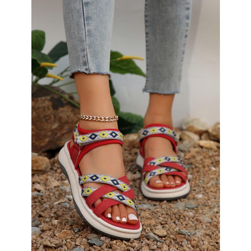 Women's New Summer Color-block Fashion Ethnic Style Light Beach Shoes Cross with Peep-toe Soft Platform Sandals
