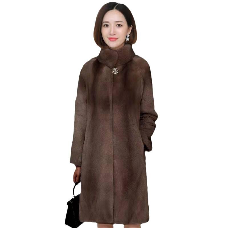 Autumn and winter new imitation leather coat women's long imitation mink hair mink women's clothing thin stand-up coat