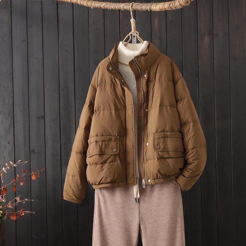 2024 Women's Petite Korean Style Lightweight White Duck Down Jacket with Stand Collar