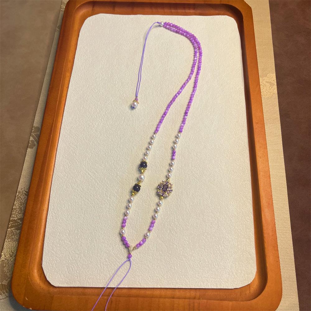 Handmade DIY Woven Pendant Lanyard with White and Purple Shell Beads