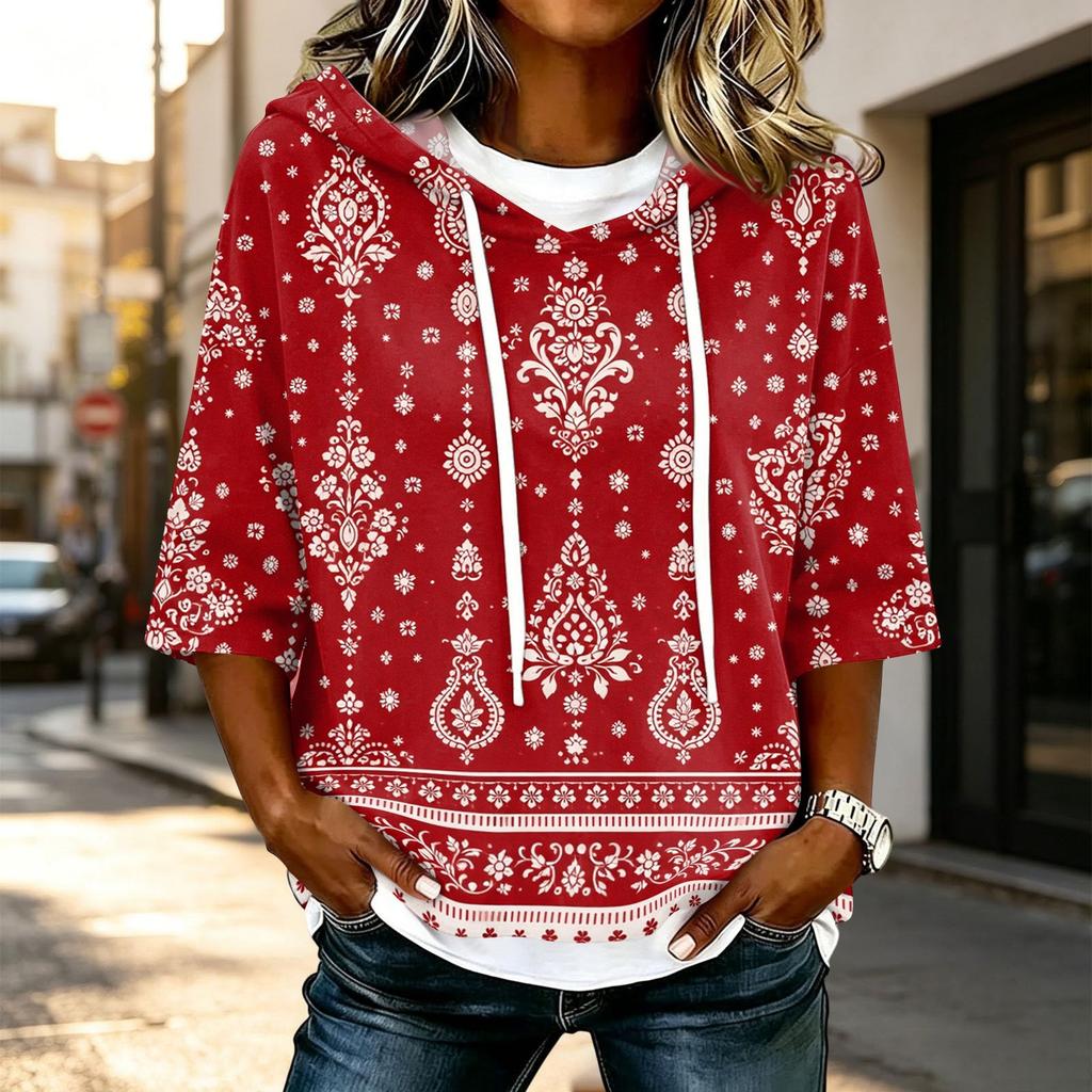 Damen Casual Kapuzen-T-Shirt mit 3/4-Ärmel und geometrischem Aufdruck