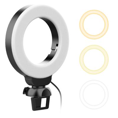 Mini-4-Zoll-LED-Ringlicht zum Aufstecken für Laptops, Videokonferenzen, 3 Beleuchtungsmodi, 3200 K–6500 K, dimmbar, Stromversorgung über USB