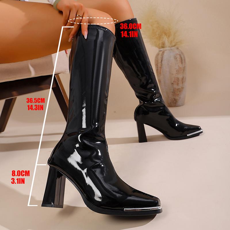 Fashion Sexy Super High Heel Patent Leather Knee-High Boots Women 2025 Winter Black Long Elastic Boots Metal Decoration Party Shoes 42