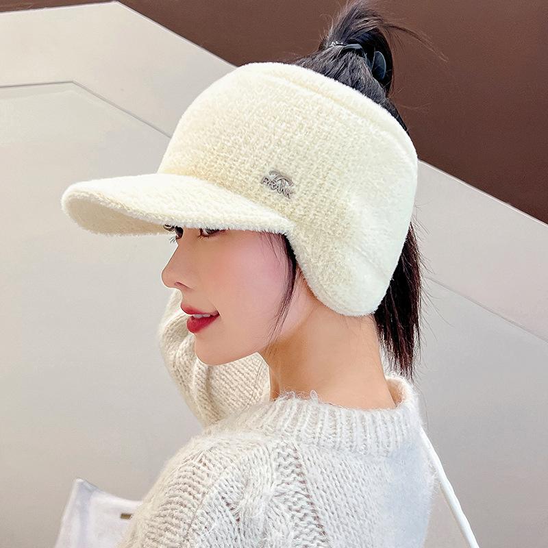 Hollow Top Ear Protection Woolen Hat for Women In Autumn and Winter Thickened and Velvet Warm Knitted Hat Outdoor Cycling Cold Proof Duckbill Hat