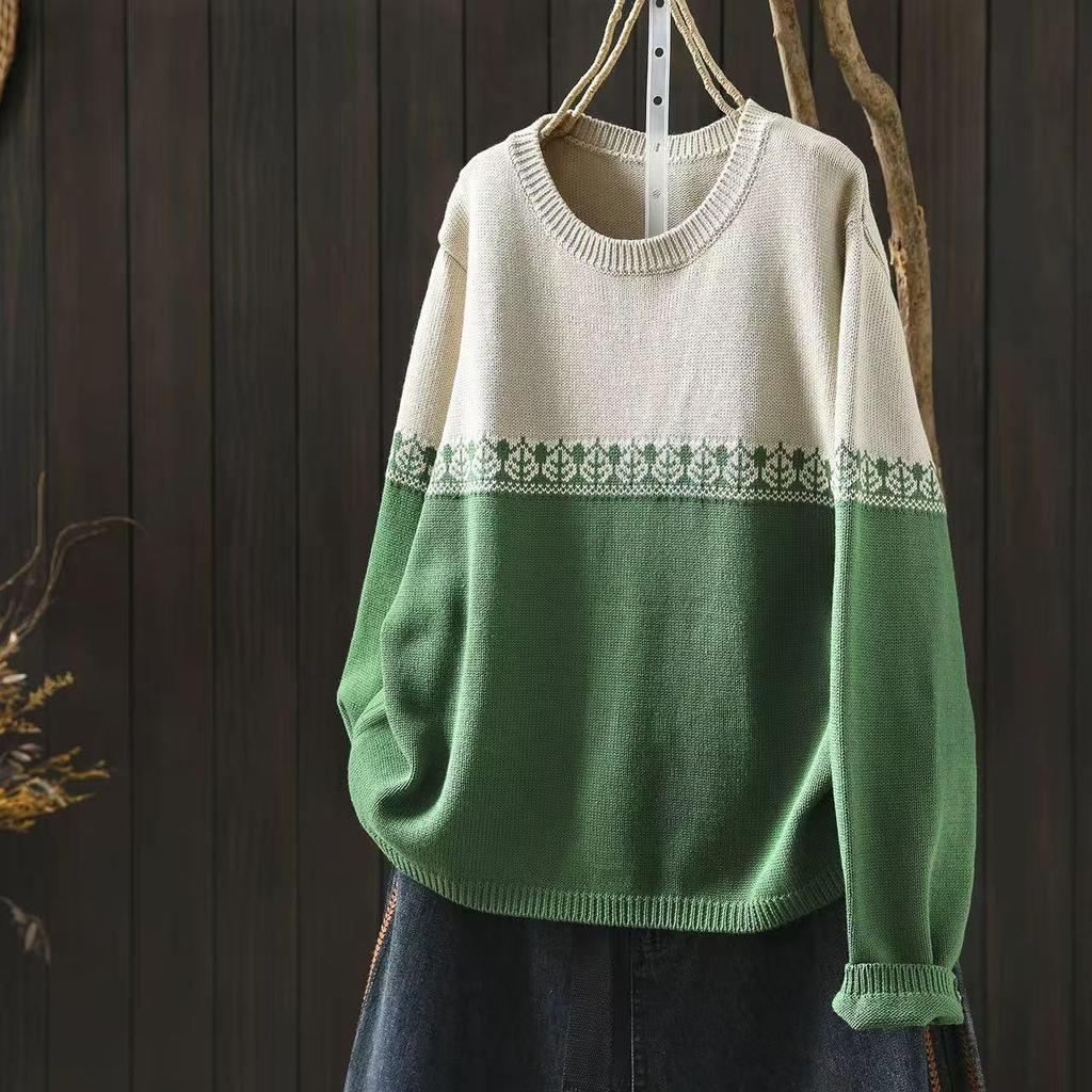 Women's Gradient Color Block Round Neck Cotton Sweater - Casual Korean College Style Knitwear