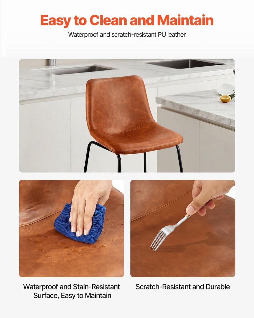 Bar Stool Set of 4, 65cm Counter Height Stools, Modern PU Leather Counter Barstool with Backrest, Metal Legs, Easy Assembly Armless Bar Chair, Island