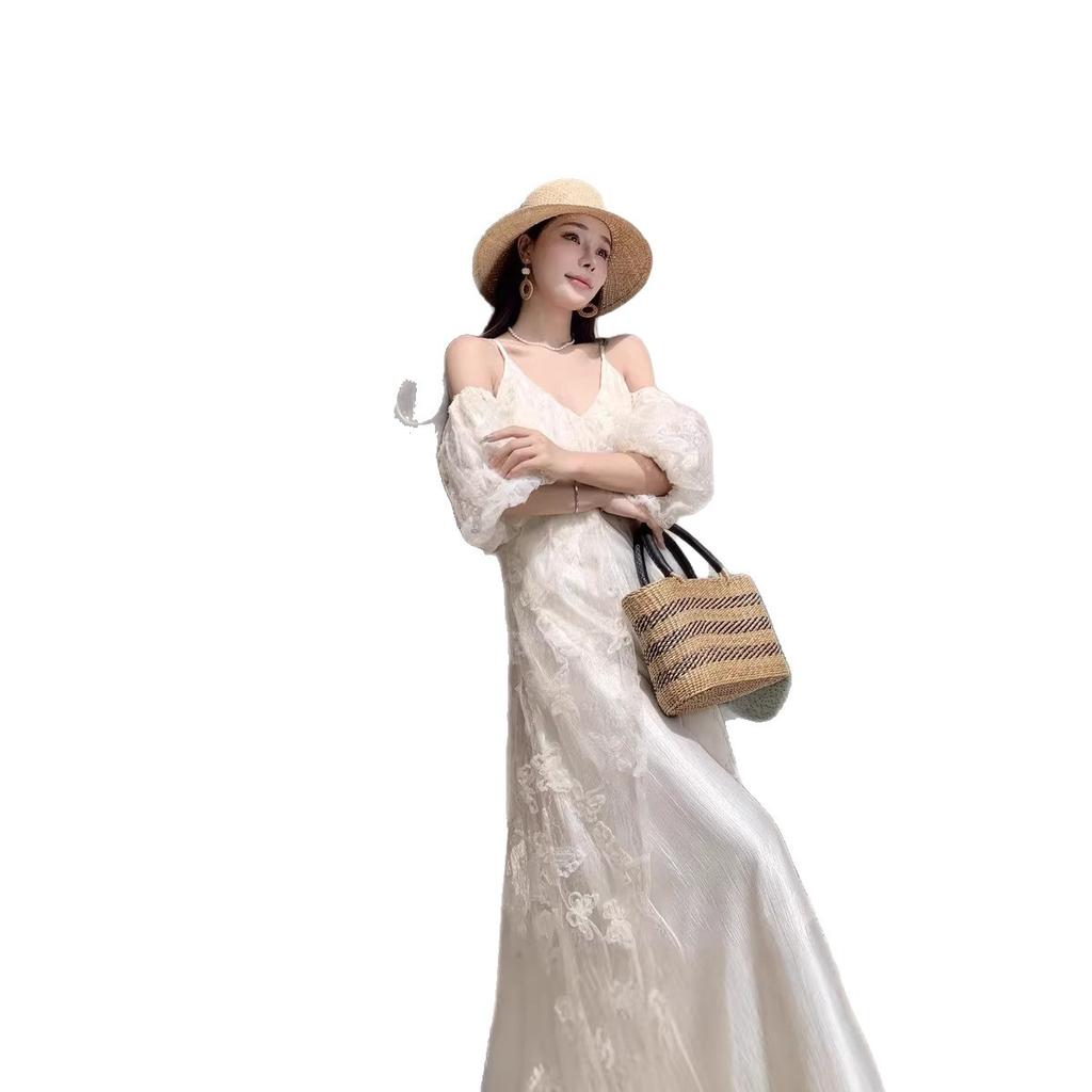 French elegance temperament gentle wind neck heavy industry dress women's summer new holiday style waist beautiful long dress