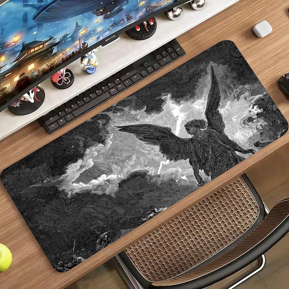 Vintage Angel Black White Art Large Extended Mousepad NonSlip Rubber With Stitched Edges For Gaming Setup And Daily Office Work