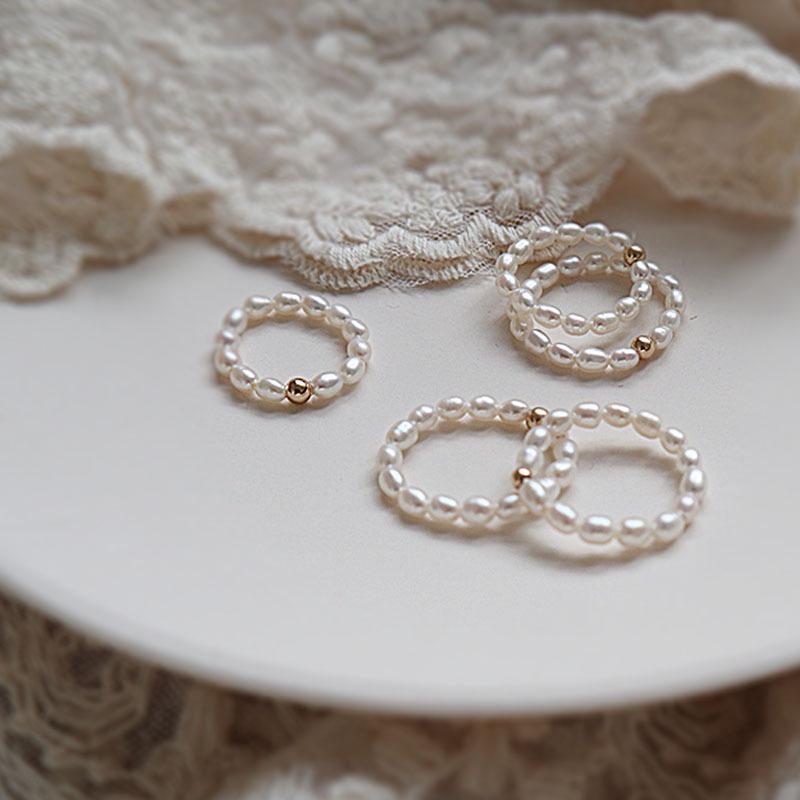14K Gold Bead & Freshwater Seed Pearl Elastic Ring - Stackable & Versatile Style