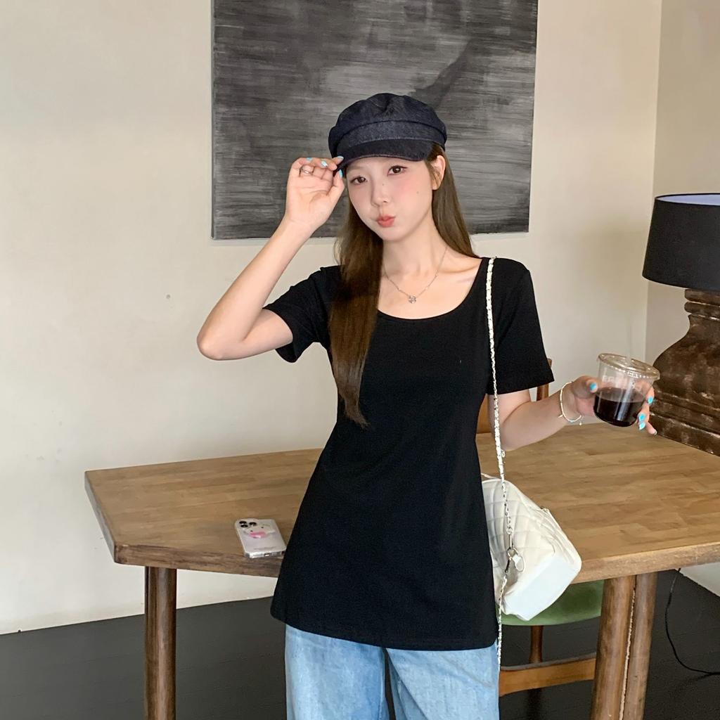 Right Shoulder Summer New Slim Fit Waist Covering Belly Slimming Mid-length Chic Sweet Short-sleeved T-shirt