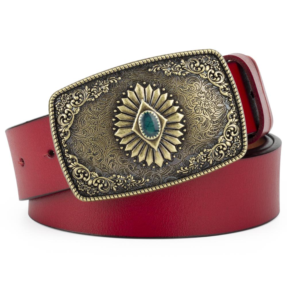 Classical Silver Carved Flower Pattern Buckle Enamel Sapphire Genuine Leather Belt For Women Men Belts Gift