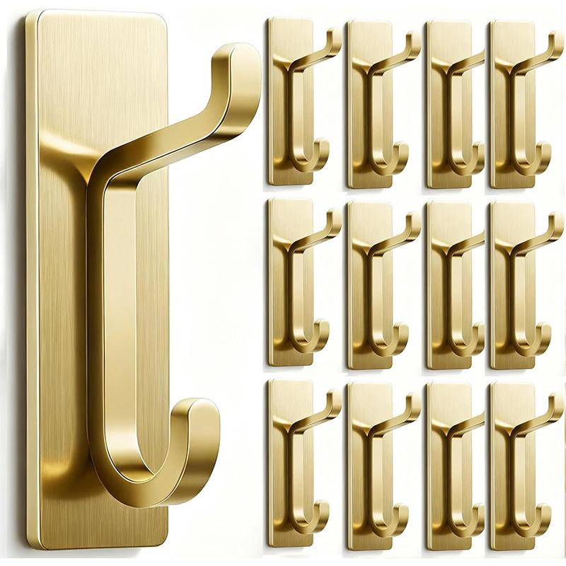 Adhesive Wall Hooks for Towels Coats - Stick On Hooks Hanging Heavy Duty (13lb), Metal Hook for Door, Bathroom, Dorm, Closet - Hanger for Purse