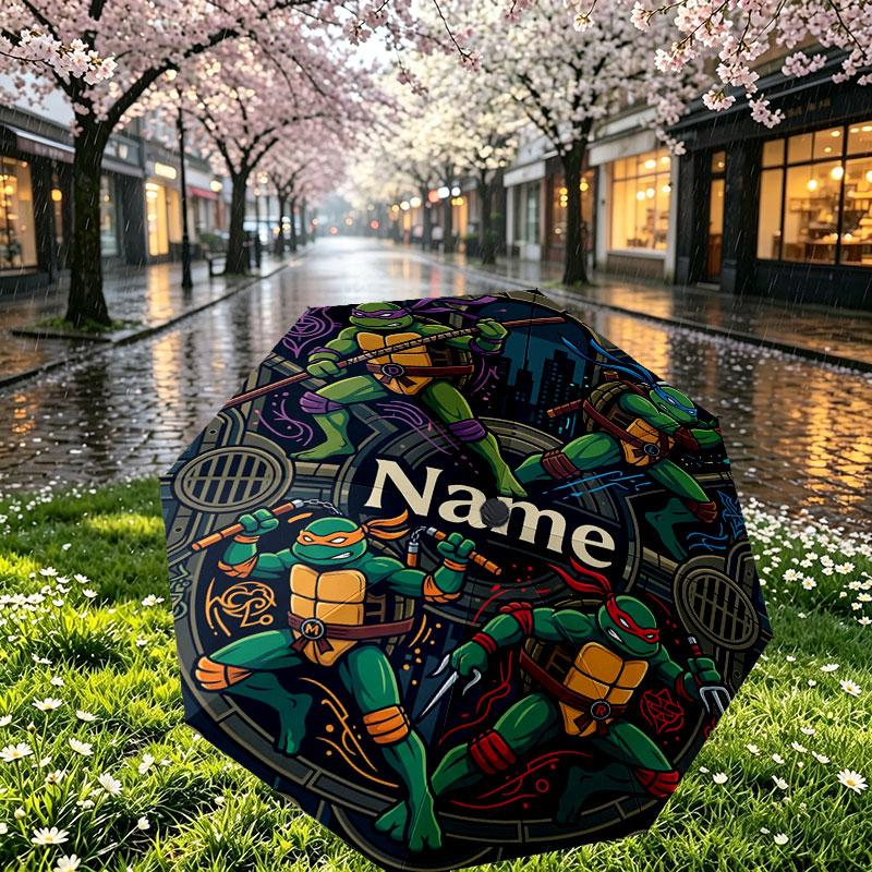 Custom Name Personalized Teenage Mutant Ninja Turtles Print Umbrella, Auto Open Close, 8‑Rib Sturdy Frame, Commute Camping Hiking Use, Birthday Gift