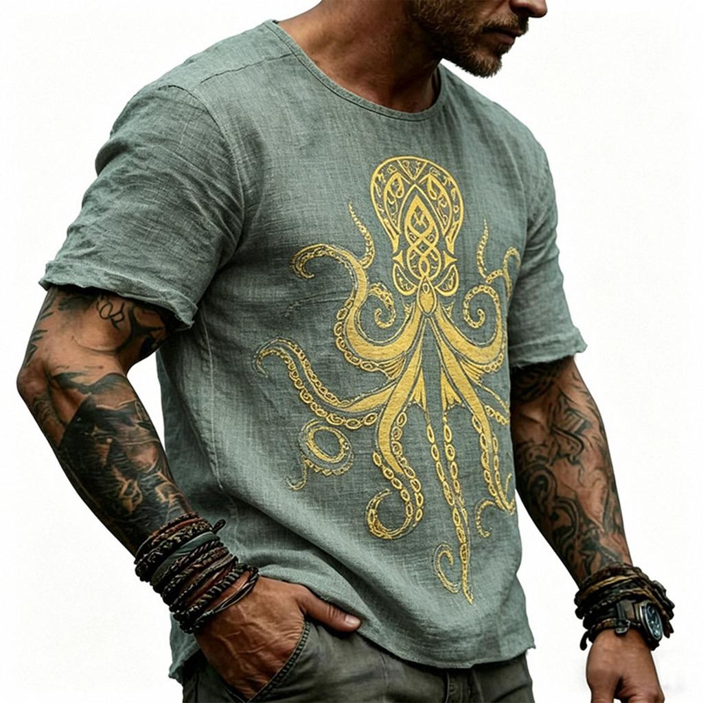 Men's Linen Short Sleeve T Shirt with Print Crew Neck Casual Loose Fit Lightweight Summer Top for Everyday Wear
