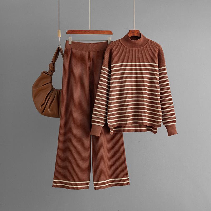 Set Autumn and winter new striped slit long-sleeved knitted sweater wide-leg pants two-piece set for women