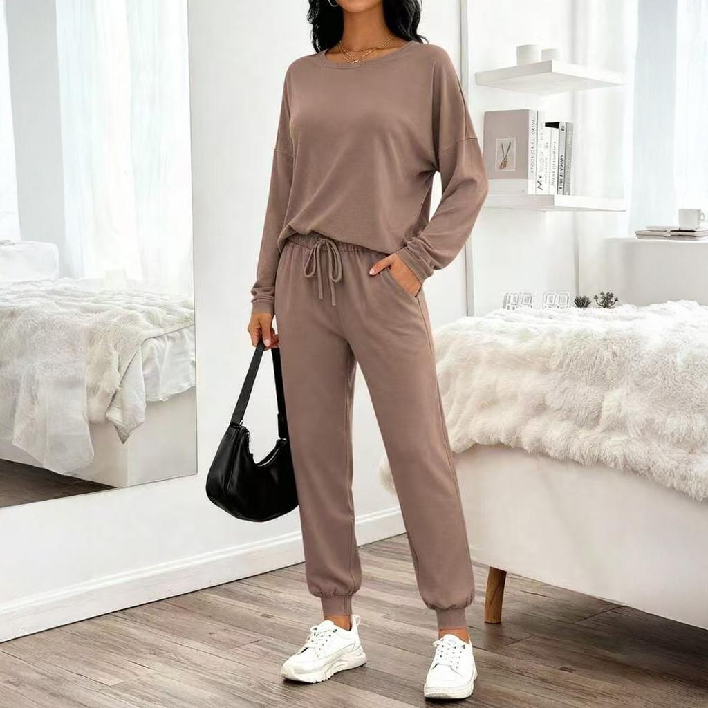 Damen Zweiteiler Langarm-Oberteil und Hose mit Kordelzug Lässiges Lounge-Outfit Weicher Stoff Lockere Passform für den täglichen Gebrauch