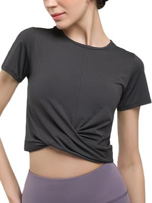 VeroMan Short Sleeve Cropped Yoga Size Women's T-Shirt (ppi-ssd5) (Gray, M)