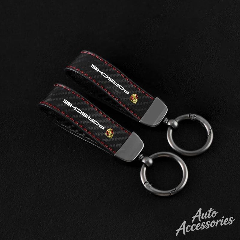 Portachiavi per Auto in Pelle Fibra di Carbonio Ciondolo Chiave Portachiavi Per Porsche Cayenne Panamera Macan 911 718 Taycan Boxster Cayman 918 Pajun