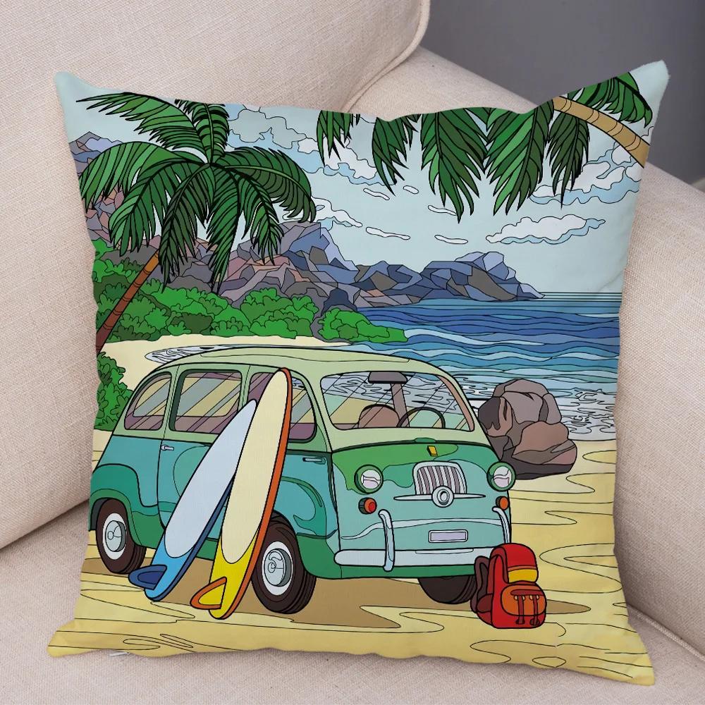 Both Sides Pillow Case Decor Happy Camper Cartoon House Travel Car Cushion Cover for Sofa Home Super Soft Plush Pillowcase