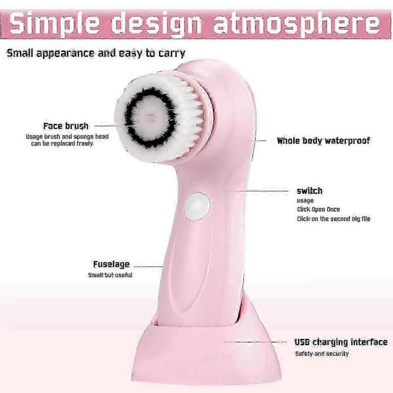 Facial Cleansing Brush - Advanced Cleaning Technology & 3 Brush Heads - USB Rechargeable Electric Rotating Facial (Pink)