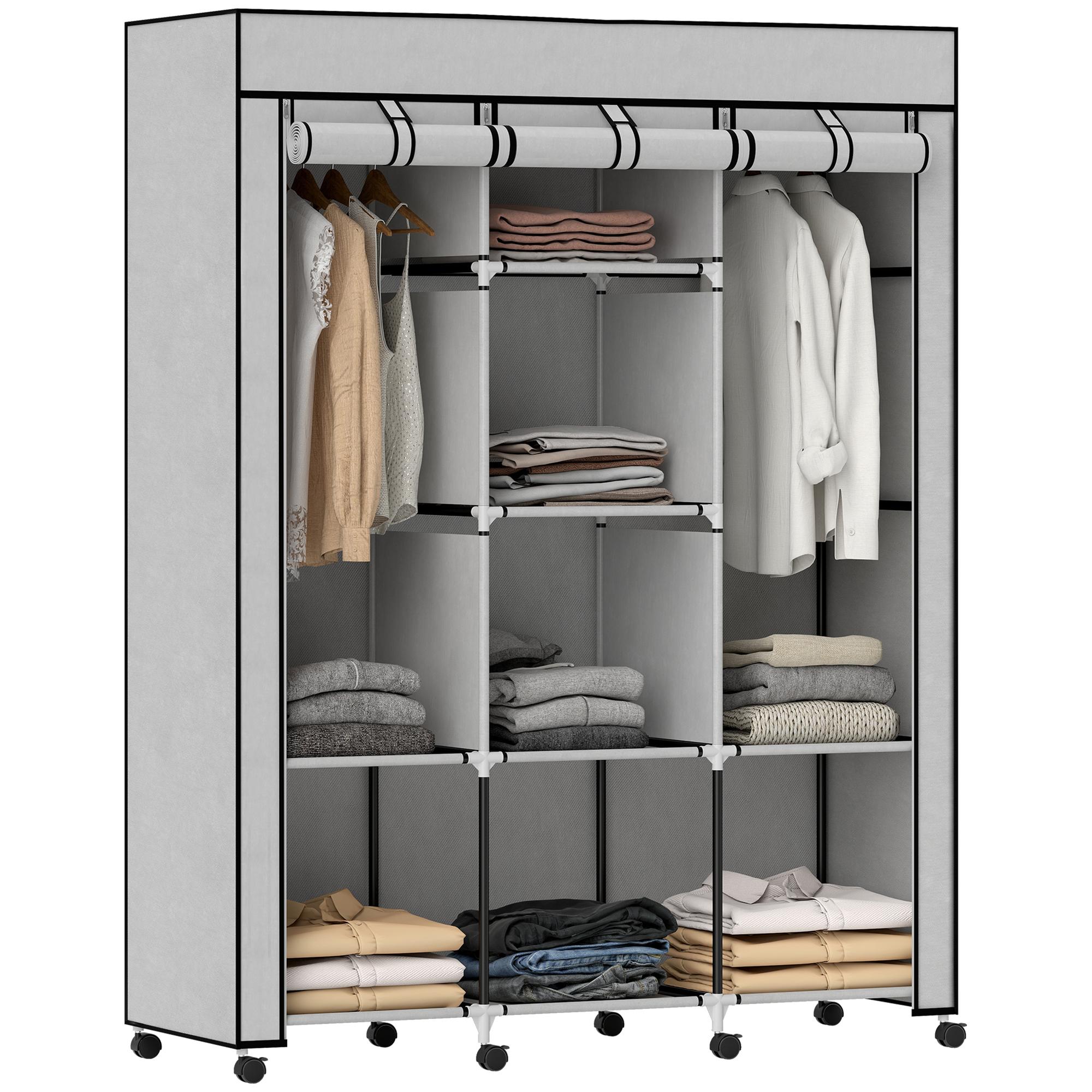 Fabric Wardrobe, Storage Solution, 8 Shelves, 2 Clothing Rails, Grey 125 x 43 x 162.5 cm világos szürke színű
