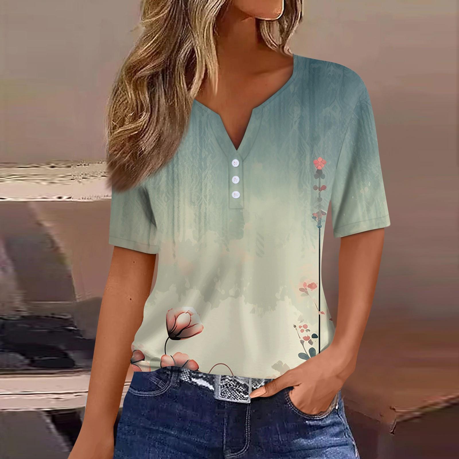 Жен. Футболка С принтом Пуговицы С короткими рукавами Повседневные Выходные Мода — фото 4