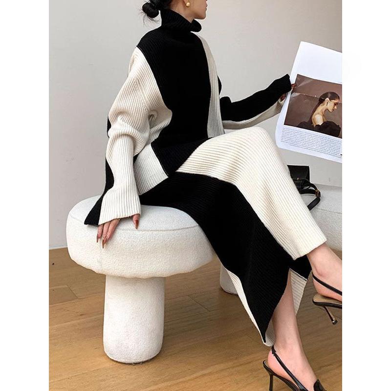 Design Sense of Niche High Neck Sweater Women Fashion Two-piece Autumn and Winter Color Collision Knitting Suit High Waist Half-body Skirt