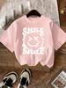 2026 Summer Fashion Round Neck Pure Cotton Tshirt for Girls with Letter Smiley Face Cute Shortsleeved Breathable Casual Top