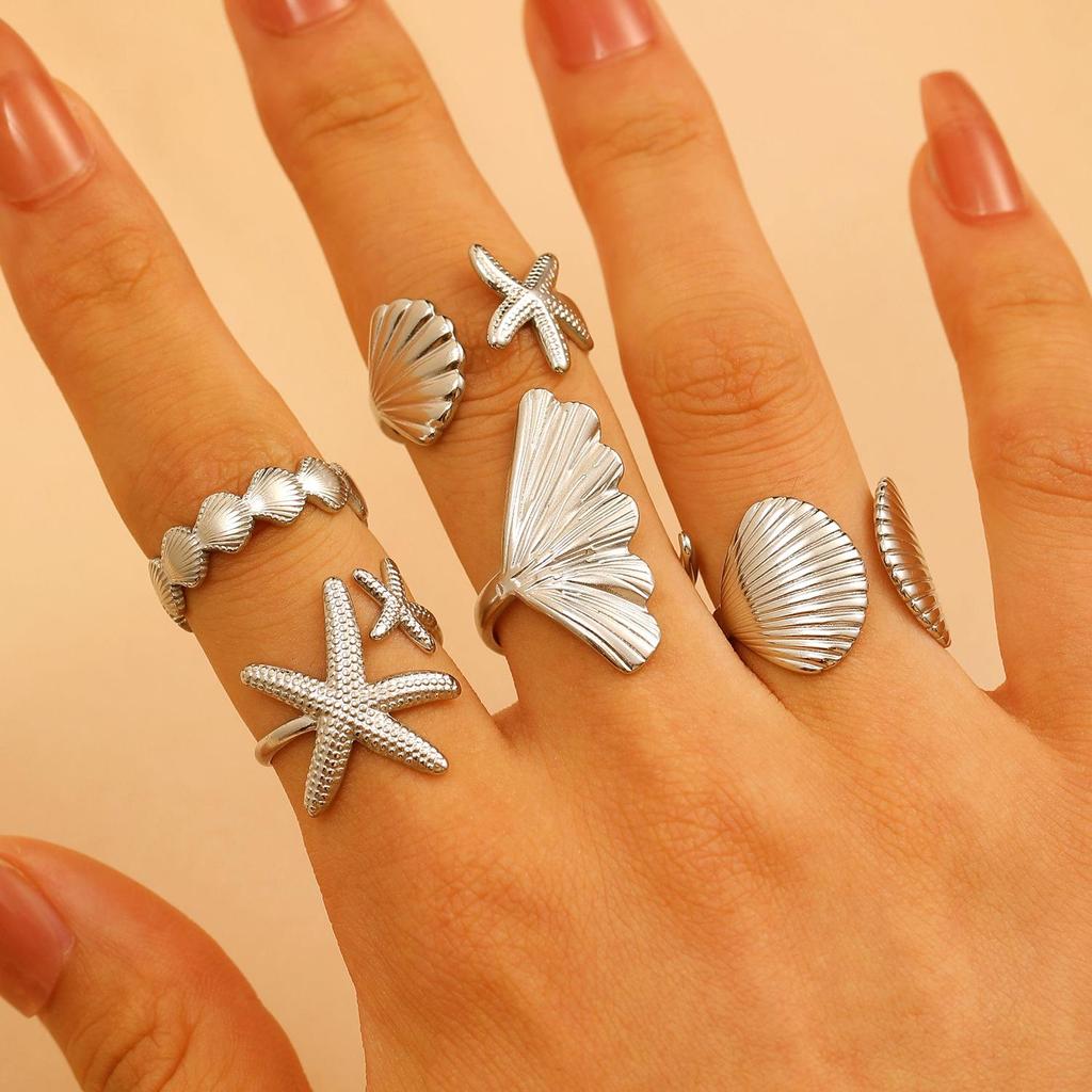 Stainless Steel Starfish & Seashell Open Ring - Ocean Holiday Style Jewelry for Women