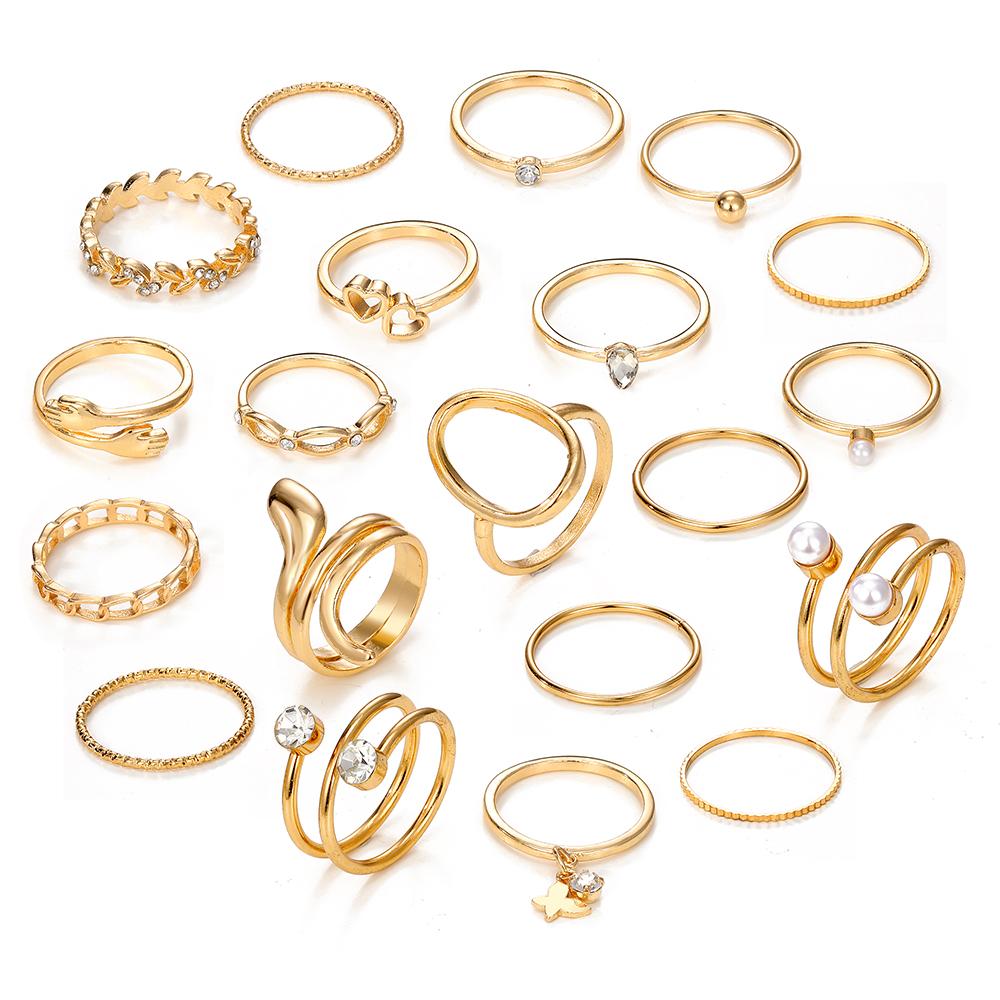 

2023 Модный комплект колец для ужина, роскошный комплект колец с бриллиантами и жемчугом, многослойные кольца с подвеской в ​​форме змеи и бабочки из пшеницы, 20 шт., золото золотой
