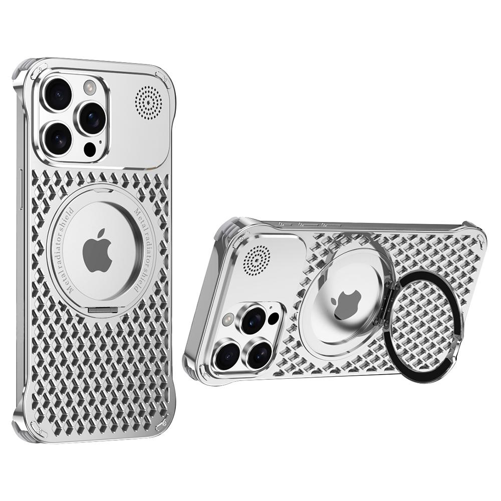 

R-JUST RJ64 For iPhone 14 Pro Max Magnetic Case Aluminum Alloy Perfume Cooling Phone Cover with Rotating Kickstand Silver