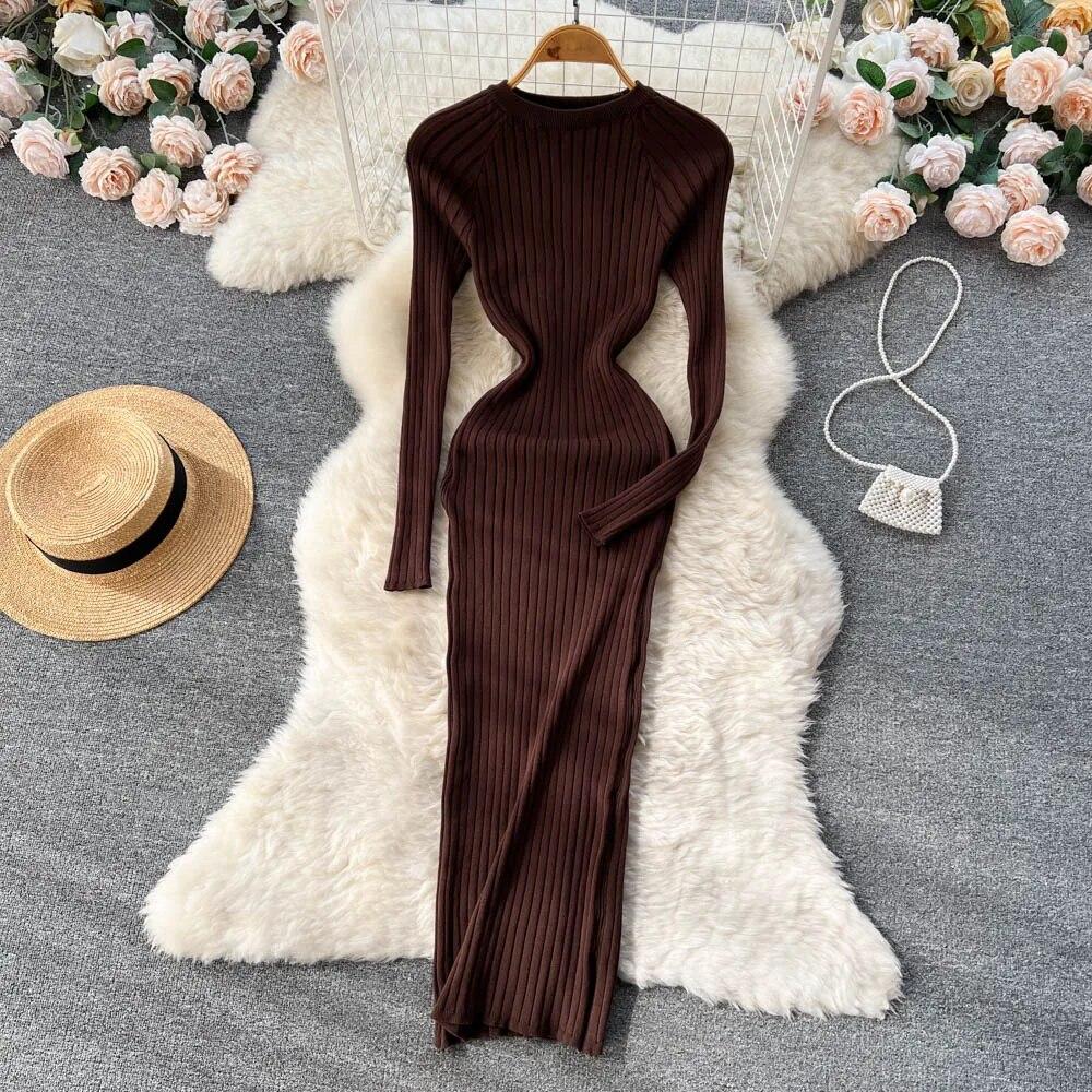 Women Autumn Knitted Dress O Neck Sexy Slim Elastic Oversized Basic Bodycon Long Dress Winter Knit Warm Sweater Dresses