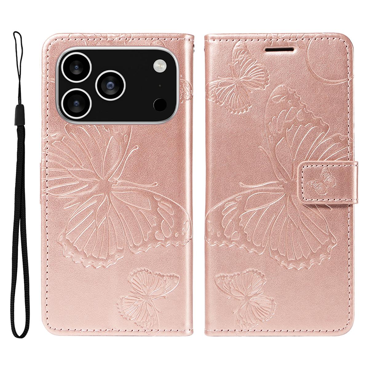 

For iPhone 17 Pro Wallet Case Floral Butterfly Imprinted Leather Phone Cover Stand Rose Gold