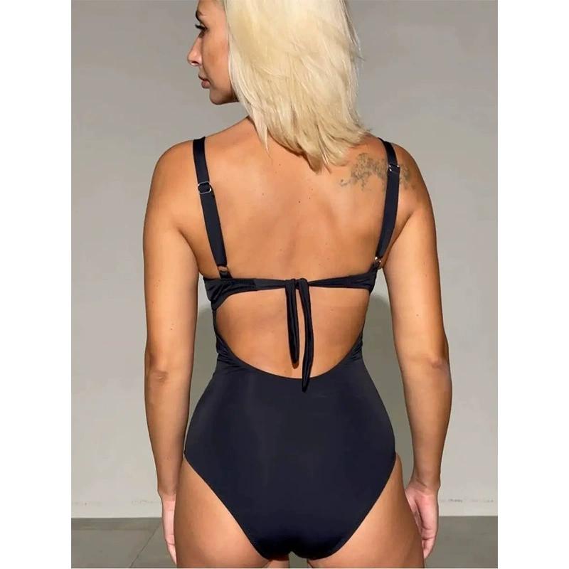 Plus Size Women's Swimsuit Slim Underwired Bra Push Up Swimsuit Mesh Fabric Bandage Black One-piece Swimsuit Bodysuit
