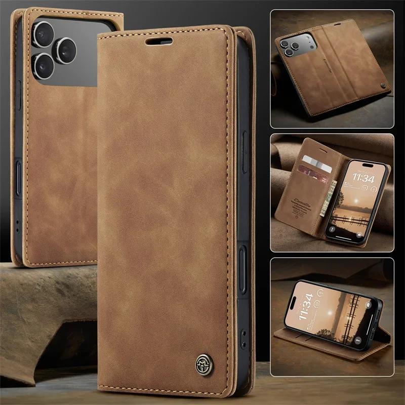 Business Magnetic Flip Leather Phone Case for iPhone 17 16 15 14 Pro Plus Air 16E 13 12 11 Pro Max Kickstand Card Wallet Cover