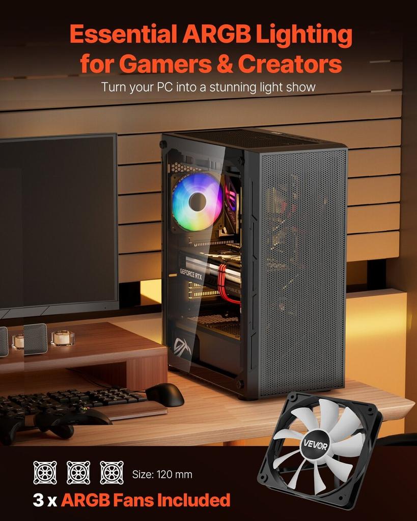 Mid-Tower ATX PC Gaming Case Computer Case Box with 3 X 120 Mm ARGB Fans