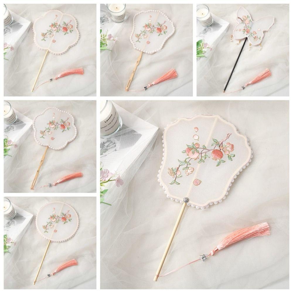 Handmade Embroidery Ancient Style Long Handle Fan Classical Flower Shape Fan  Summer