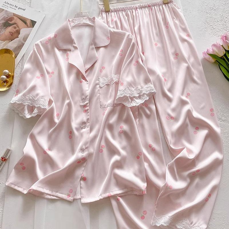 Sweet And Cool Girl Ice Silk Pajamas Women'S Summer Short-Sleeved Trousers Casual Lazy Style Loungewear Can Be Worn Outside