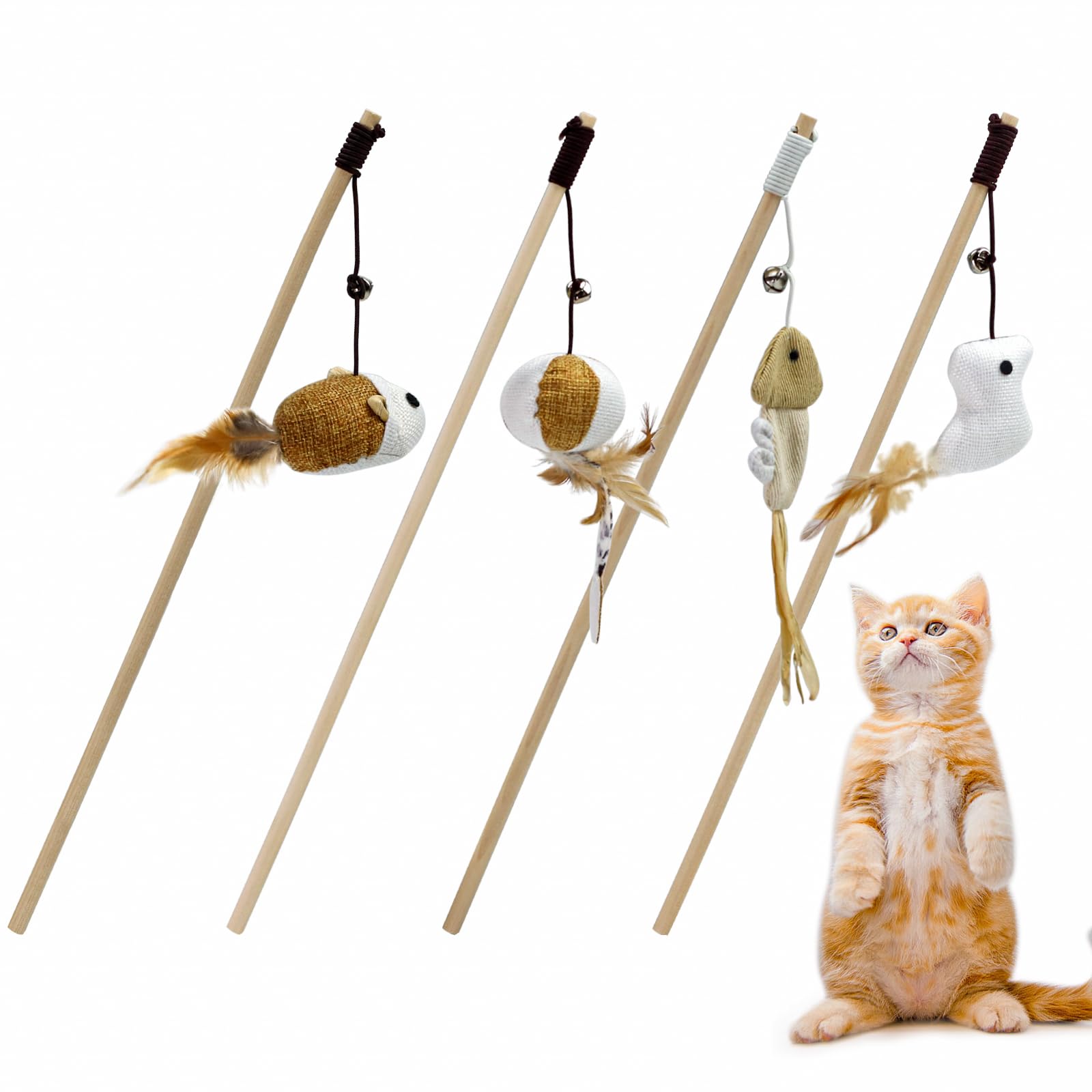 

4-Piece Cat Toy Set Natural Feather Toy and Solid Wood Cat Toy with Bell. Ideal for Indoor Cat Activities. Cat Toys Help Relieve Stress and Improve