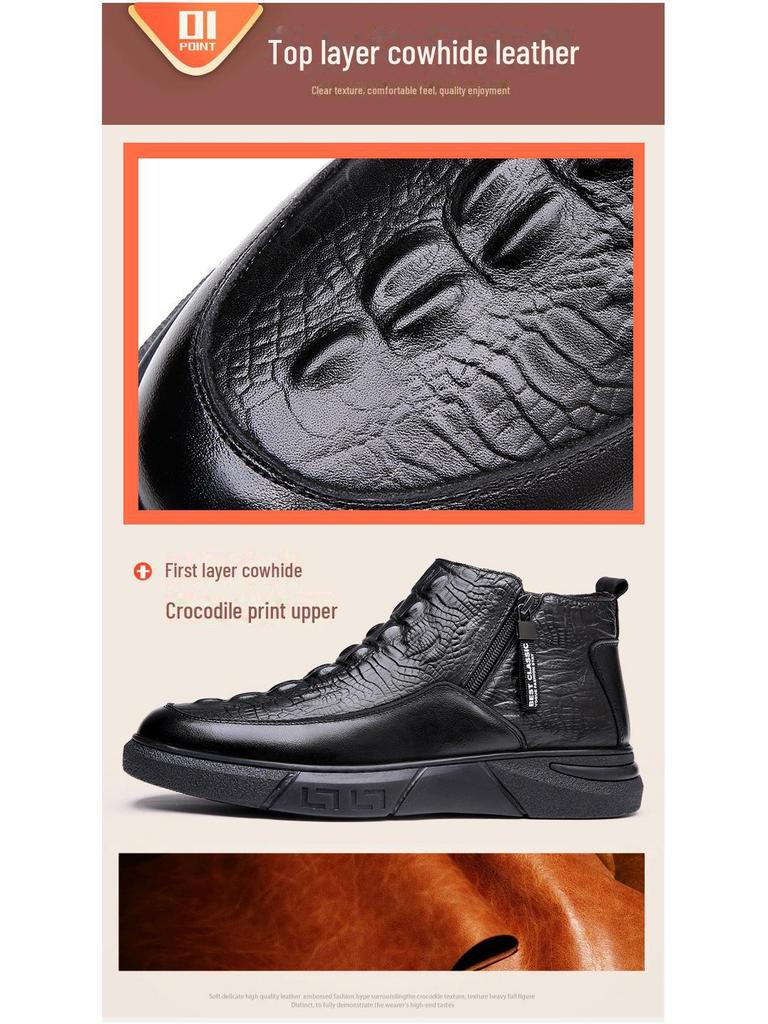Men's Winter Crocodile-Pattern Cowhide Leather Cotton Shoes with Wool Lining