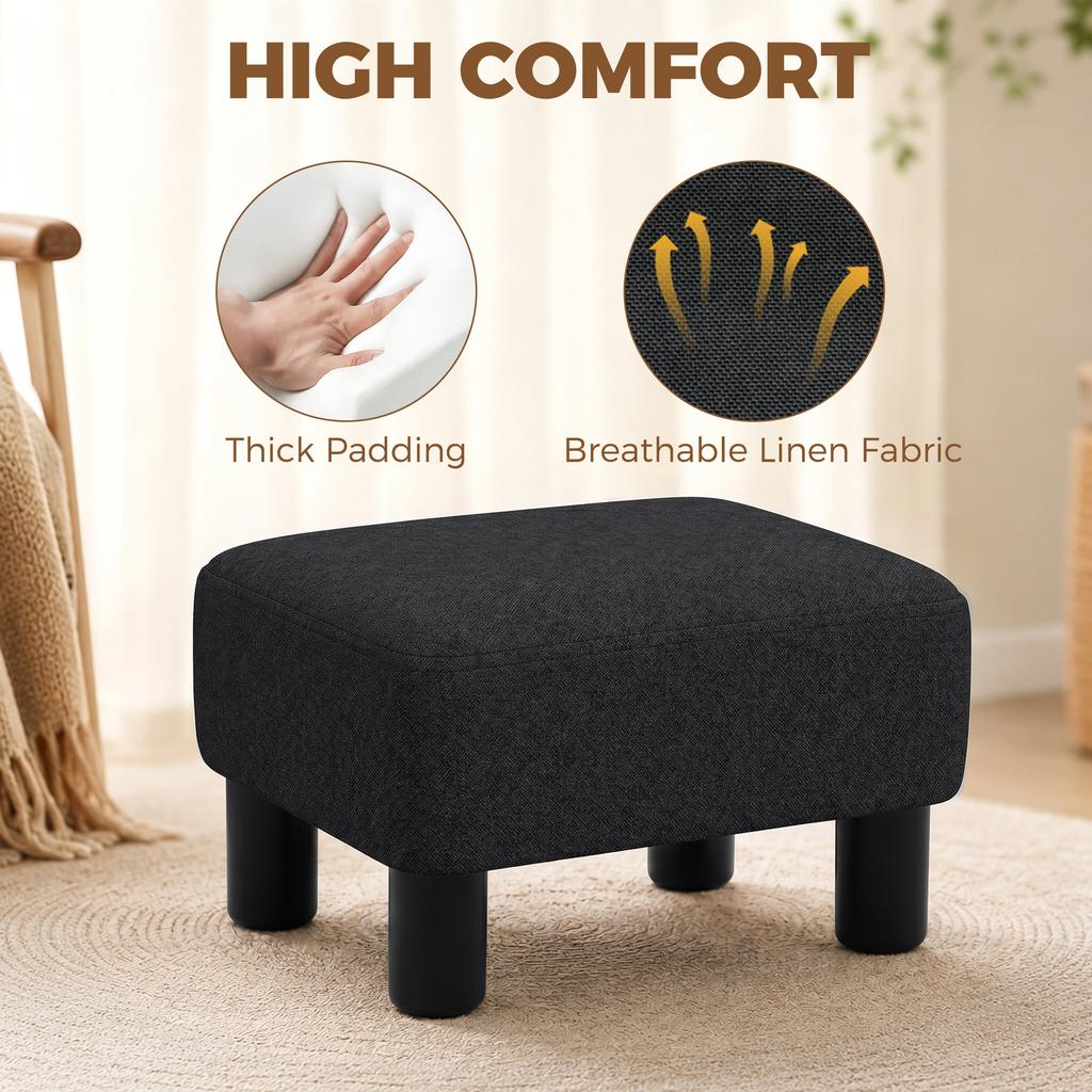 Linen Fabric Footstool Ottoman Cube With 4 Plastic Legs Black