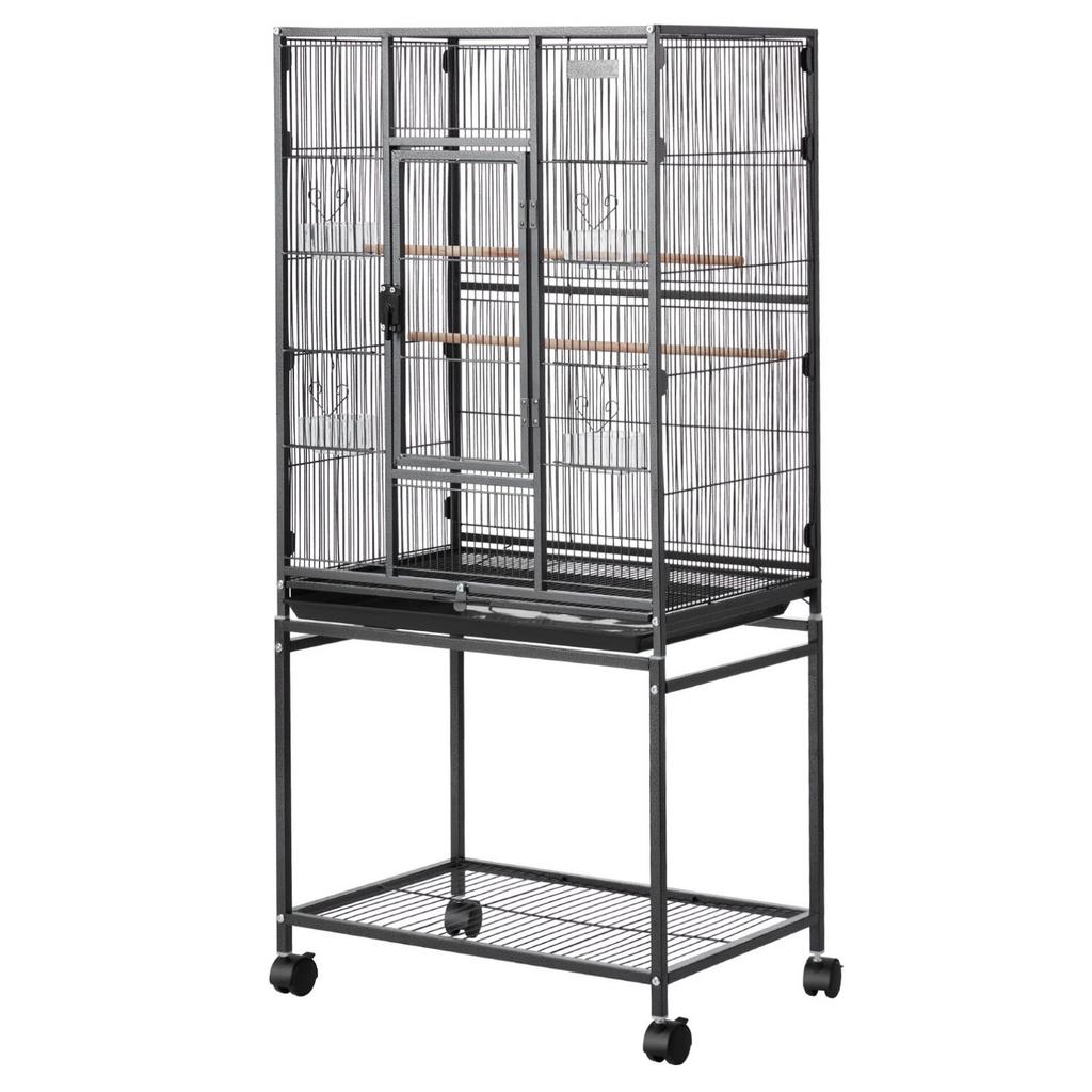 Bird Cage, 625 x 425 x 1370 mm, Flat Top, Wrought Iron Bird Flight Cage with Perches, Slide-Out Tray and Plastic Feeders, Casters, for Parrot, Blue