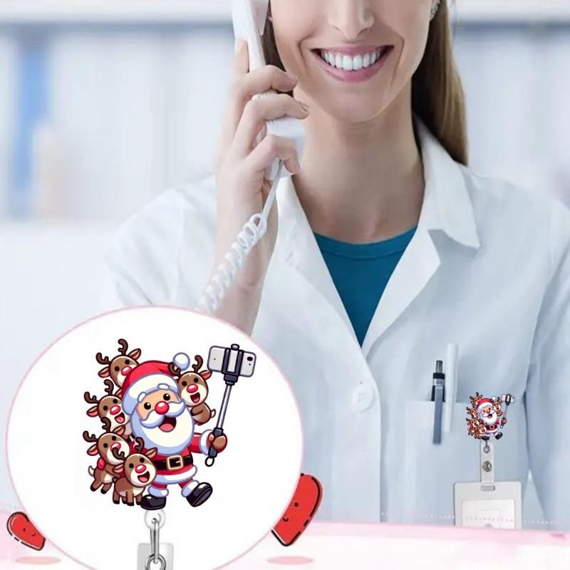 Santa & reindeer card storage clip, a durable Christmas-themed holder for medical staff and students.