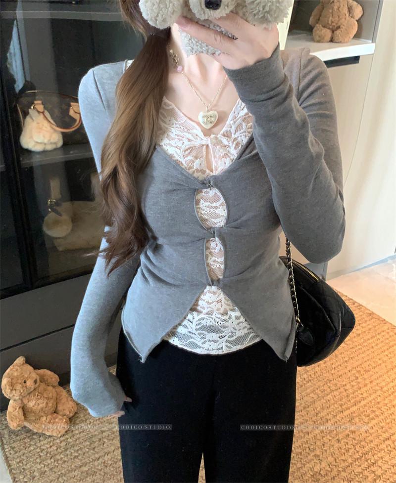 Pure Desire Style Sexy Sweet Spicy Two-Piece Look Lace Long-Sleeve T-Shirt for Women - Winter Slimming Age-Reducing Top
