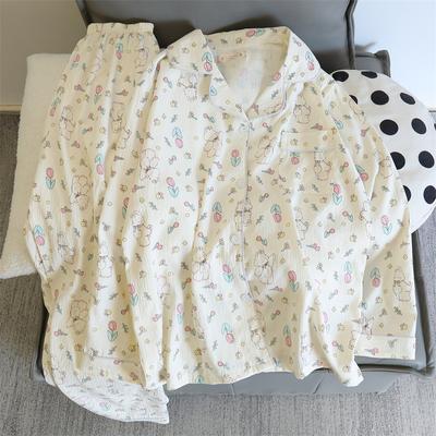 Niedliches Kawaii Blumen- und Bären-Pyjama-Set Langärmeliges Revers-Oberteil und Hose mit elastischem Bund Set Herbst Damen Nachtwäsche Loungewear