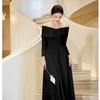 High-end White Evening Dress, Banquet Temperament, One-word Shoulder Long-sleeved Host Performance Uniform, Certificate Engagement Dress